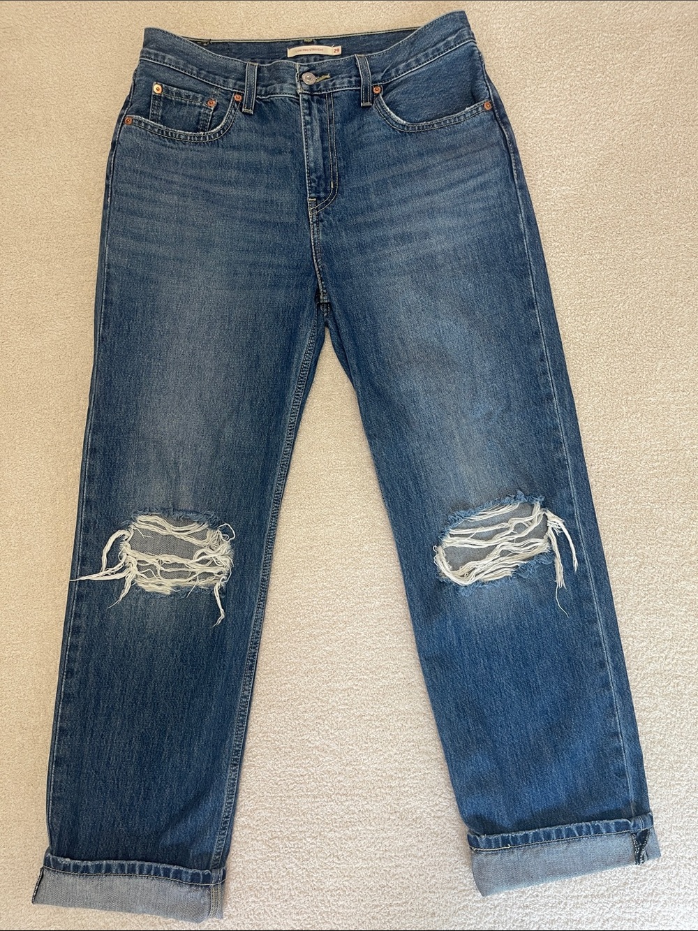 Levi's Dark Blue Distressed Straight Leg Jeans